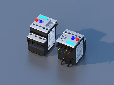 Two Electrical Relays With Red Blue Buttons Black Gray Casing And Terminal Connections 3d model