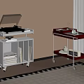 Wooden Rolling Carts With Vinyl Record Player Tea Set And Checkered Rug