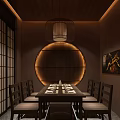 Japanese Style Restaurant Interior With Stone Wall Circular Window Green Plants And Wooden Furniture
