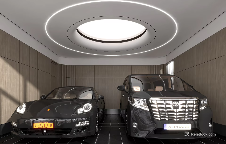 Modern Garage With Two Black Cars Circular Ceiling Light Wooden Walls And Black Tiled Floor 3d model 