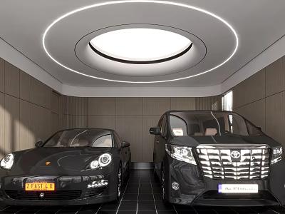 Modern Garage With Two Black Cars Circular Ceiling Light Wooden Walls And Black Tiled Floor 3d model