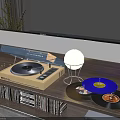 Modern HiFi Vinyl Record Player On Wooden Shelf With Blue Light And Vinyl Records