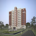 Modern High Rise Residential Building Red Brick Exterior White Accents Greenery Lawn Trees