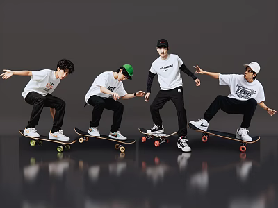 Group Of Young Men Performing Skateboard Tricks In Casual Outfits 3d model