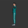 Man In Green Tracksuit Standing With Arms Outstretched On Gray Background