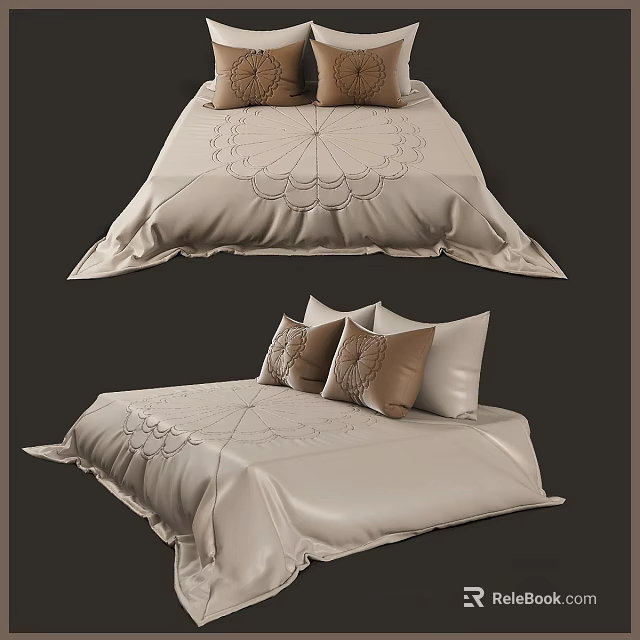 Elegant Double Bed With Beige Patterned Bedspread And Decorative Pillows 3d model
