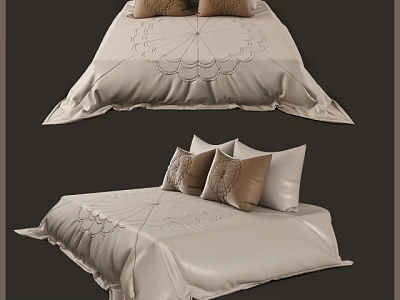 Elegant Double Bed With Beige Patterned Bedspread And Decorative Pillows 3d model