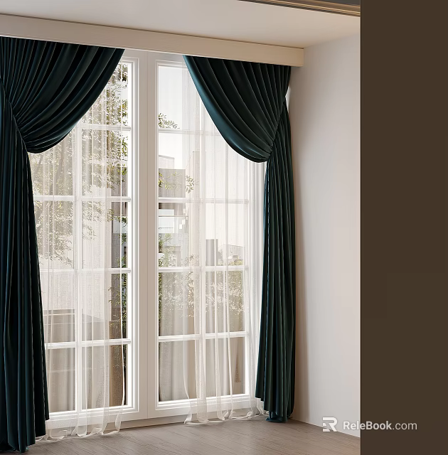Dark Green Velvet Curtains With White Sheer Panels By Window And Outdoor View 3d model 