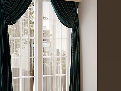 Dark Green Velvet Curtains With White Sheer Panels By Window And Outdoor View 3d model