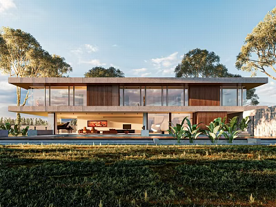 Modern Single Family House In Natural Environment With Large Windows Lush Trees And Green Grassland 3d model