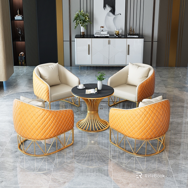 Casual Sofa Combination with Beige Orange Seats Gold Metal Frame and Black Round Coffee Table 3d model 