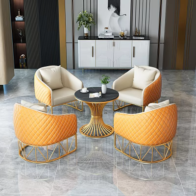 Casual Sofa Combination with Beige Orange Seats Gold Metal Frame and Black Round Coffee Table 3d model