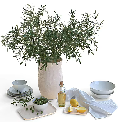 Elegant Decorative Ornament Set With Olive Branches White Vase Teacups Bowls Olive Oil And Lemon 3d model