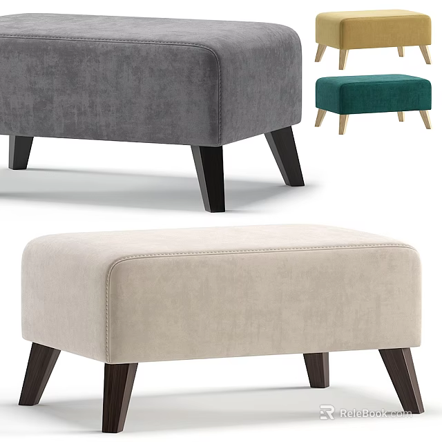 Contemporary Stylish Upholstered Ottoman With Beige Gray Teal Colors Soft Cushion And Wooden Legs 3d model 