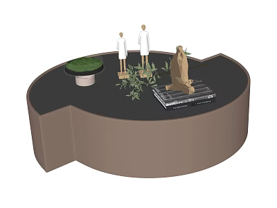 Circular Coffee Table with Green Plant Sculpture Figurines and Transparent Display Box 3d model