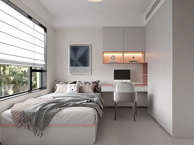 Tatami Bedroom Interior Design With Tatami Bed Window Blinds Desk Computer Chair And White Cabinets 3d model