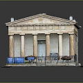Cartoon Scene Featuring Classical Building Columns Gray Walls Black Roof Blue Signs And Flower Beds