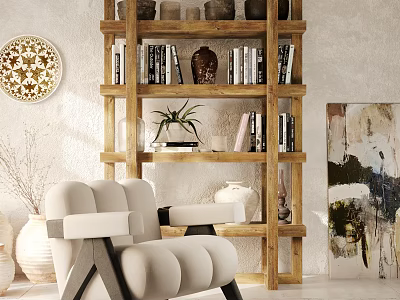 Cozy Single Sofa In Modern Living Room With Wooden Bookshelf And Decorative Painting 3d model
