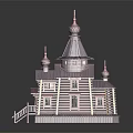 Cartoon Scene Featuring Russian Style Wooden Church With Onion Domes Purple Roofs And Brown Walls