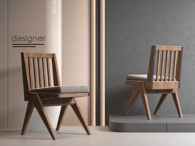 Wooden Dining Chairs with Slat Back Design and Gray Cushions in Modern Style 3d model