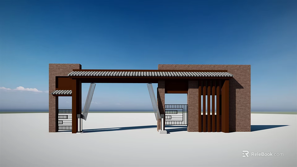 Modern Entrance Gate Design With Brick Structure Metal Railings And Canopy 3d model 