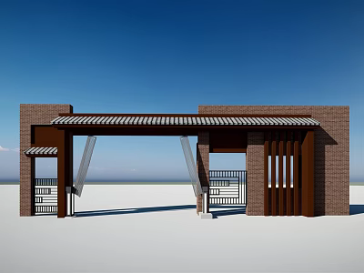 Modern Entrance Gate Design With Brick Structure Metal Railings And Canopy 3d model
