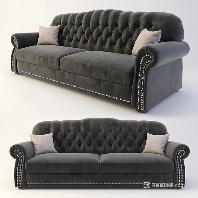 Dark Gray Tufted Two Seater Sofa With Rolled Arms Nailhead Trim And Light Cushions 3d model 