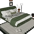 Green Leather Double Bed With Floral Quilt Throw Pillows Nightstand Lamp Black Chair Geometric Rug