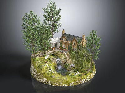 Detached Villa Surrounded By Trees With Small Waterfall Stream Lush Grass And Mossy Ground 3d model