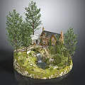 Detached Villa Surrounded By Trees With Small Waterfall Stream Lush Grass And Mossy Ground
