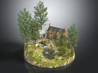 European-style single-family villa outdoor landscape rural landscape transparent painting 3d model