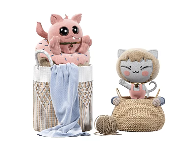Pink Plush Cat and Grey-White Stuffed Toys in Woven Baskets with Blue Blanket Yarn Ball 3d model