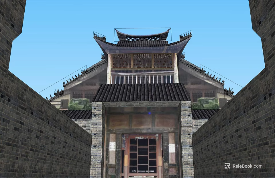 Ancient Chinese Traditional Architecture With Classic Roof Overhanging Eaves Brick Walls And Wooden Gate 3d model 