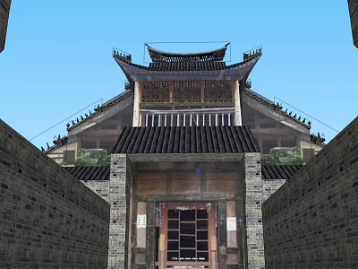 Ancient Chinese Traditional Architecture With Classic Roof Overhanging Eaves Brick Walls And Wooden Gate 3d model