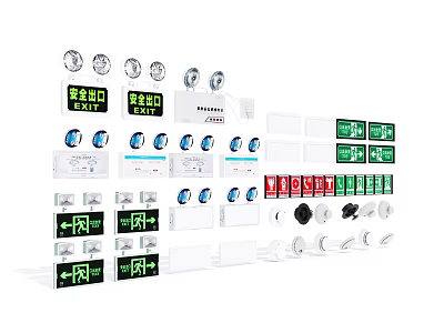 Essential Fire Safety Equipment Collection With Emergency Exit Signs Lights Alarms Detectors 3d model