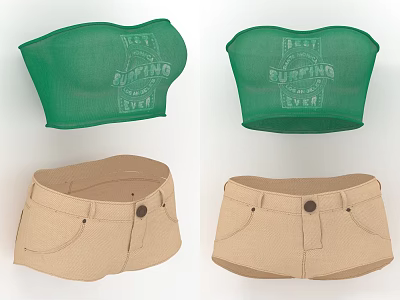 Stylish Green Crop Tops With Best Spring Ever Print And Beige Shorts With Button Detail 3d model