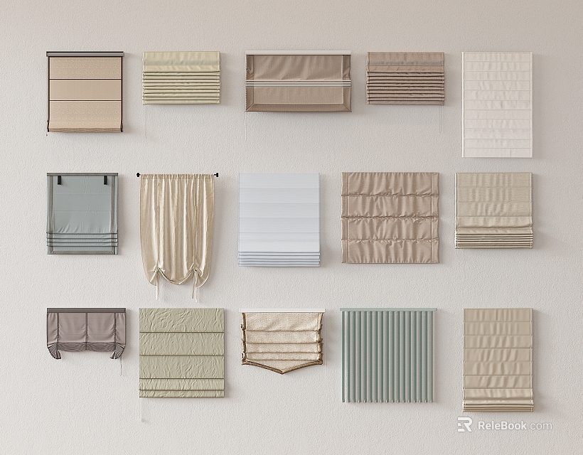 Roman Blinds In Various Styles Colors And Designs Displayed On Wall For Decoration 3d model 