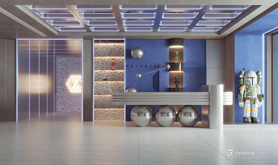 Modern Blue Store Front Desk With Metallic Silver Spheres Illuminated Hexagon Ceiling Grilles And Robot 3d model 