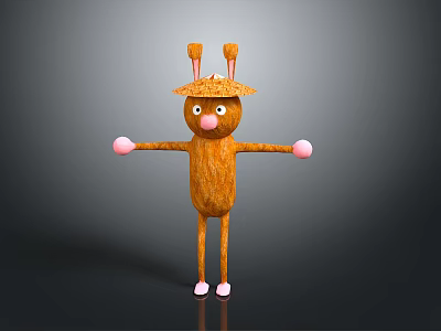 Cute Brown Game And Movie Character With Rabbit Ears Straw Hat Pink Nose And Hands 3d model