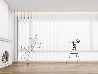 White Blinds In Bright Room With Wooden Floor Fireplace Potted Plant And Telescope Tripod 3d model