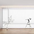 White Blinds In Bright Room With Wooden Floor Fireplace Potted Plant And Telescope Tripod