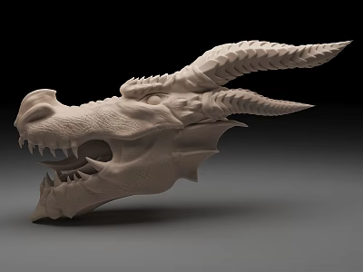 Detailed White Dragon Head Sculpture With Scaled Horns And Open Mouth 3d model