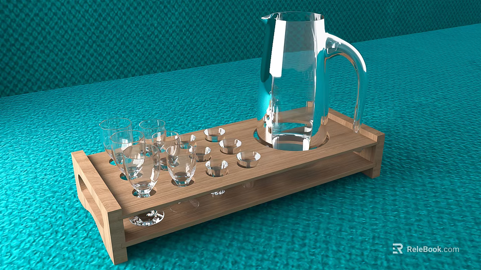 Wooden Tray With Transparent Pitcher And Multiple Glass Cups On Teal Fabric 3d model 