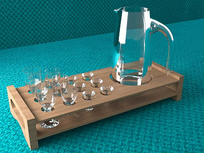 Wooden Tray With Transparent Pitcher And Multiple Glass Cups On Teal Fabric 3d model
