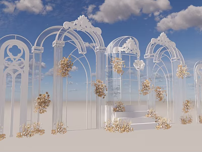 Elegant Event Entrance With White Arches Golden Flowers Against Blue Sky White Clouds And Steps 3d model
