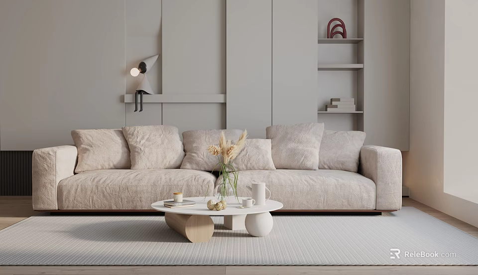 Modern Minimalist Three Seater Sofa with Light Beige Cushions and Coffee Table in Living Room 3d model 