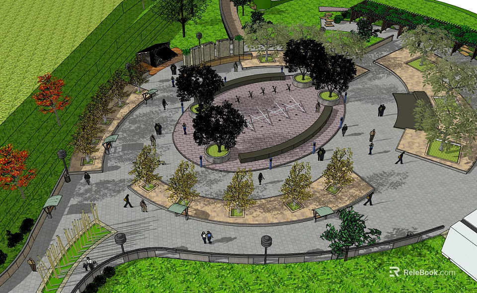 Public Park Plaza With Circular Design Trees Pedestrians And Green Walkways 3d model 