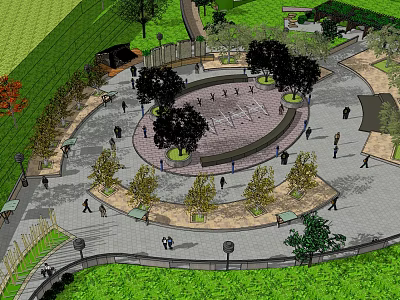 Public Park Plaza With Circular Design Trees Pedestrians And Green Walkways 3d model
