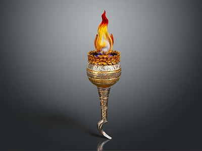 Ornate Golden Torch With Burning Flame Intricate Patterns And Curved Decorative Stem 3d model