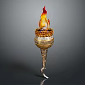 Ornate Golden Torch With Burning Flame Intricate Patterns And Curved Decorative Stem